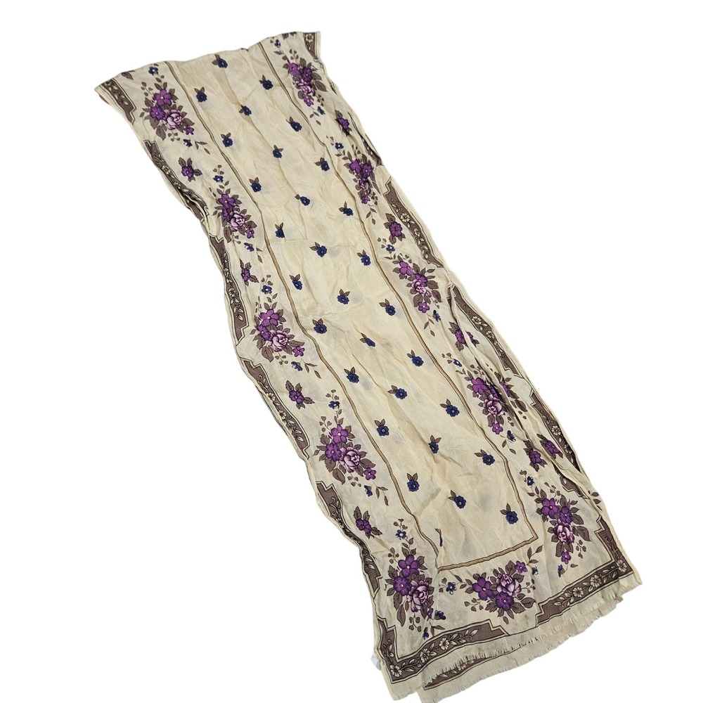 Oscar de la Renta Scarf Womens OS Cream Purple Floral Silk Fringe Vintage Japan